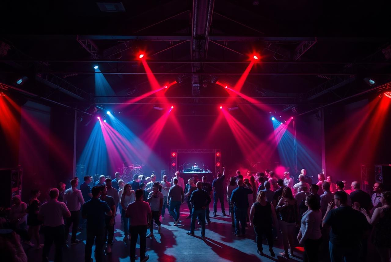 Large private event with a crowd dancing under red and blue stage lighting inside an industrial venue